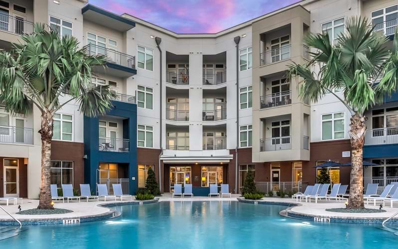 Outdoor Pool with Large Palm Trees and Poolside Seating at Solstice Signature Apartments in Orlando, Florida