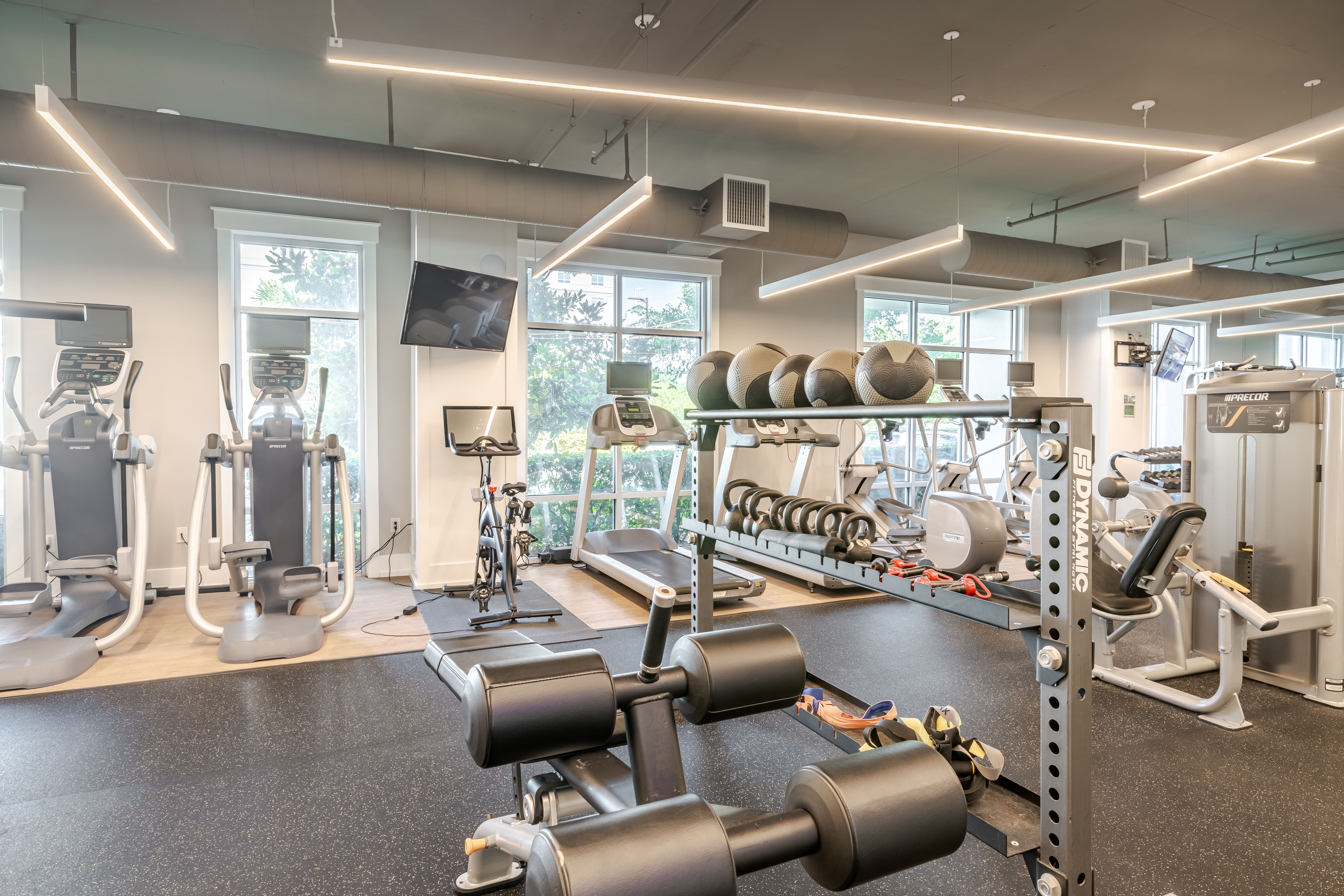 Exercise equipment in Solstice Apartments fitness center.