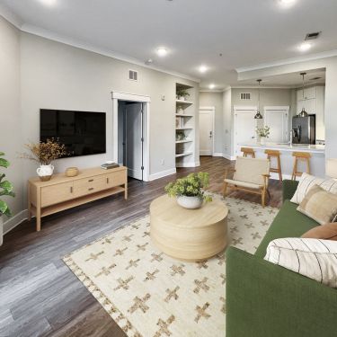 A spacious and modern living room at Solstice Apartments featuring a green sofa, wooden furniture, and decorative plants enhancing the cozy ambiance.