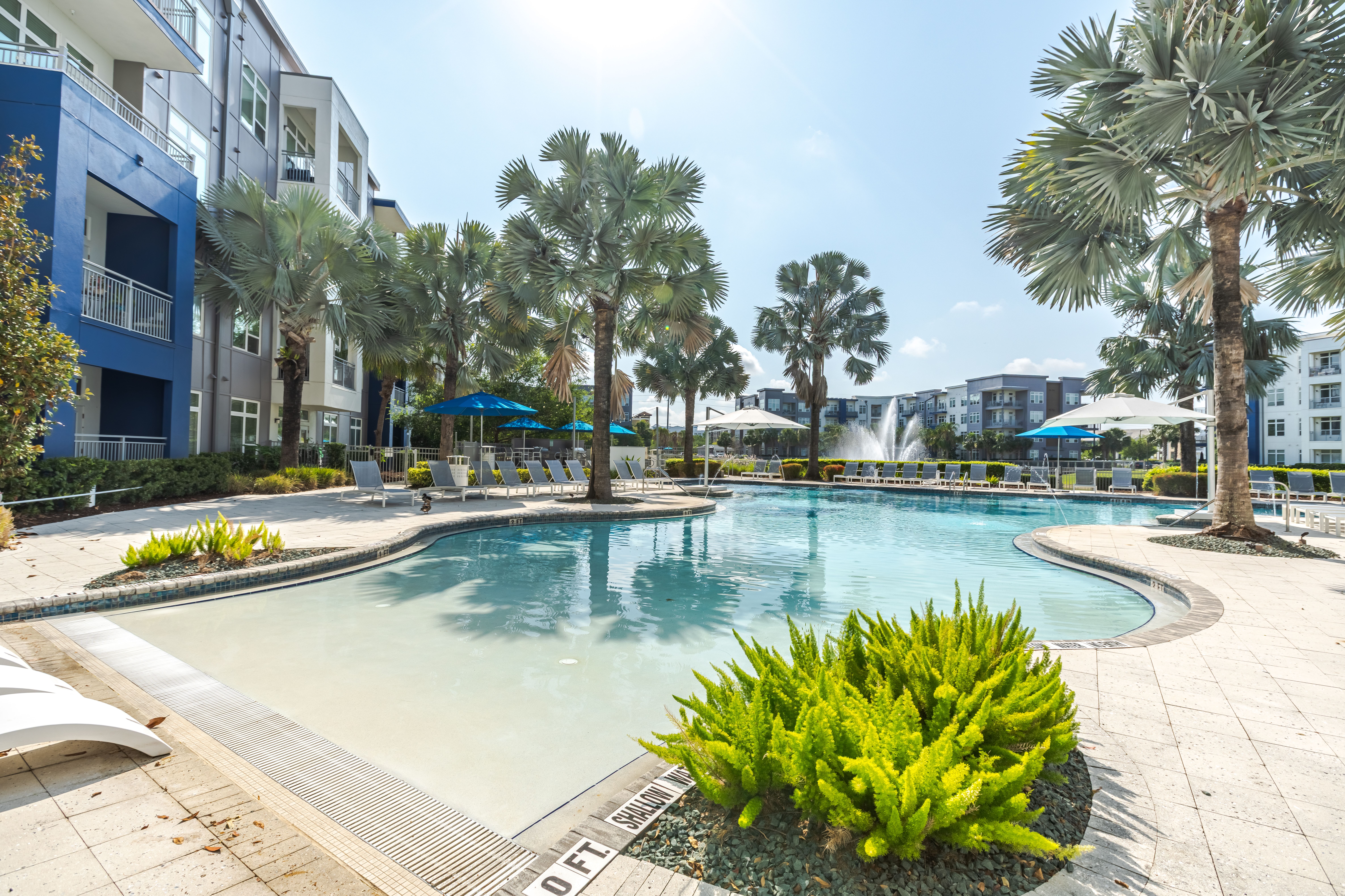 Inviting resort-style swimming pool at Solstice Apartments surrounded by palm trees and equipped with sun loungers and shaded areas for relaxation.