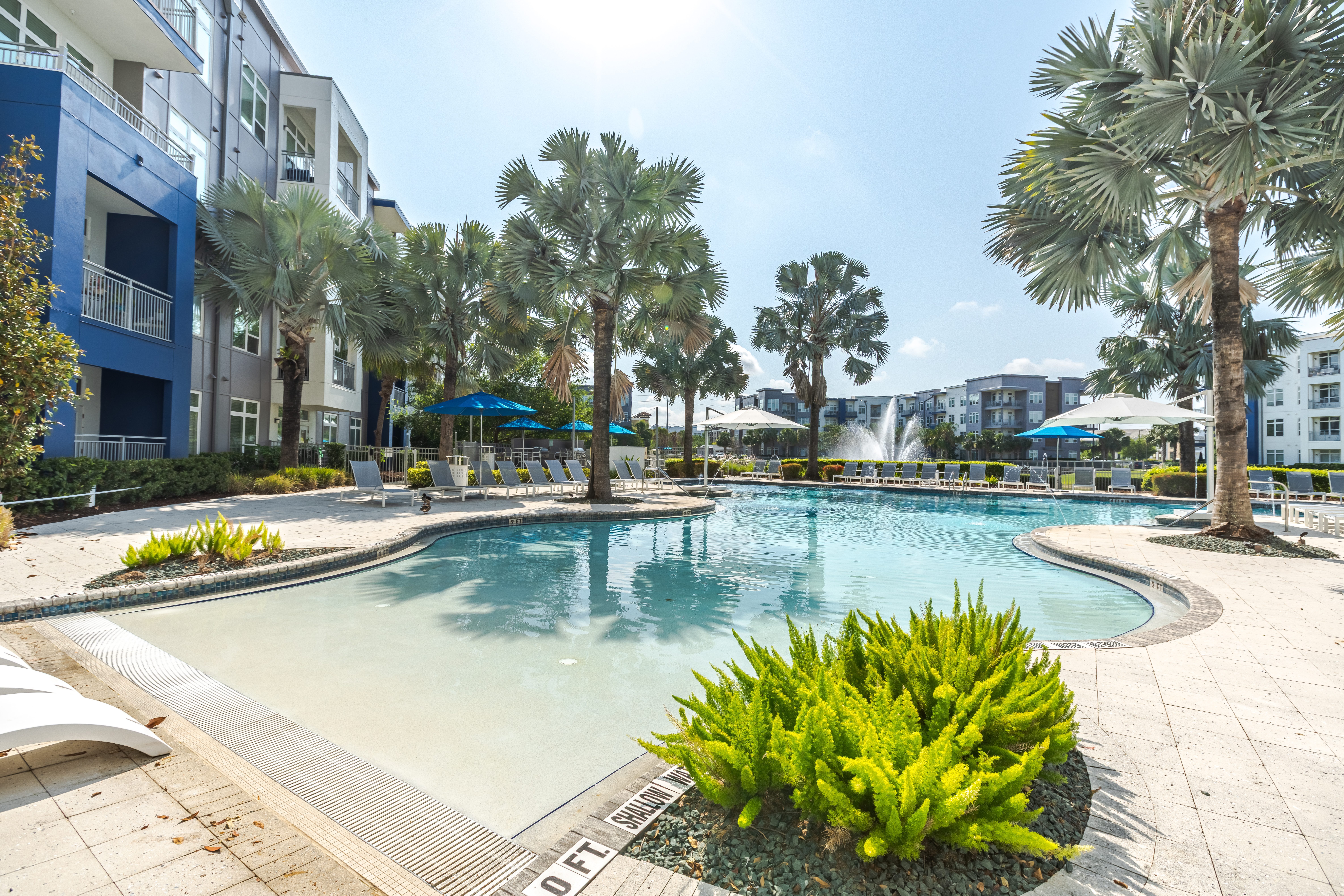 Inviting resort-style swimming pool at Solstice Apartments surrounded by palm trees and equipped with sun loungers and shaded areas for relaxation.