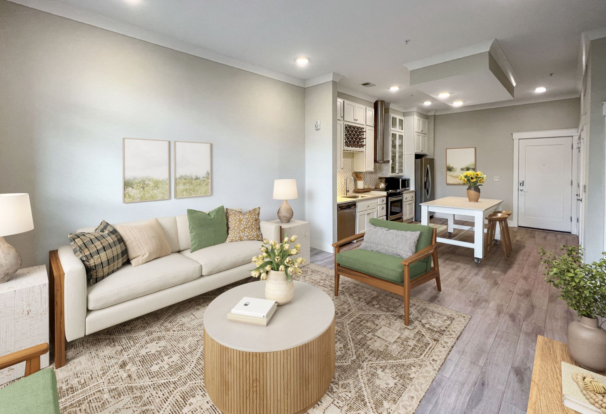 Luxury apartment kitchen with stainless steel appliances, granite countertops, and lots of storage space
