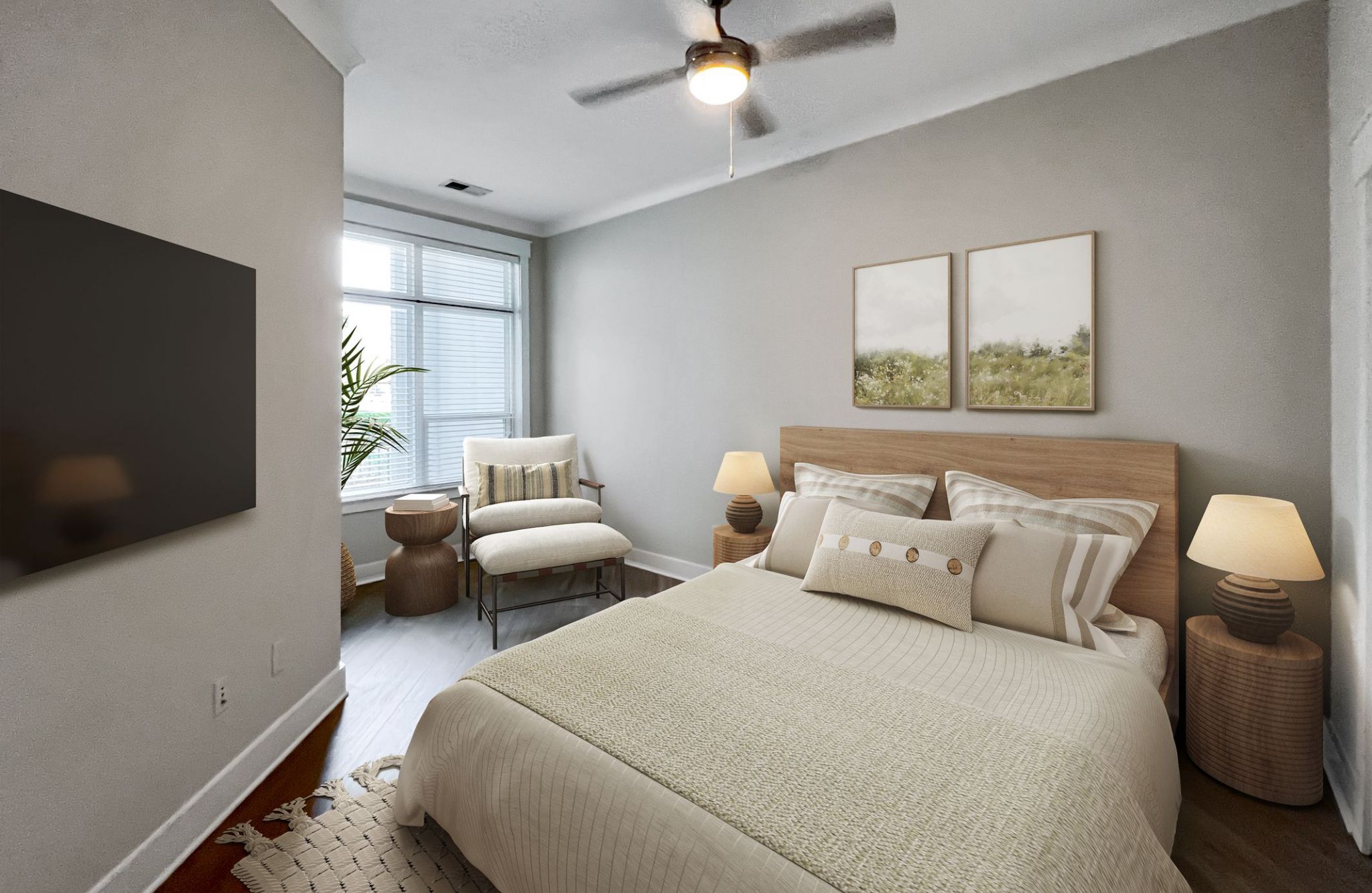Solstice apartment with large open-space concept floor plan with large living room furnished with couch, coffee tale and chairs
