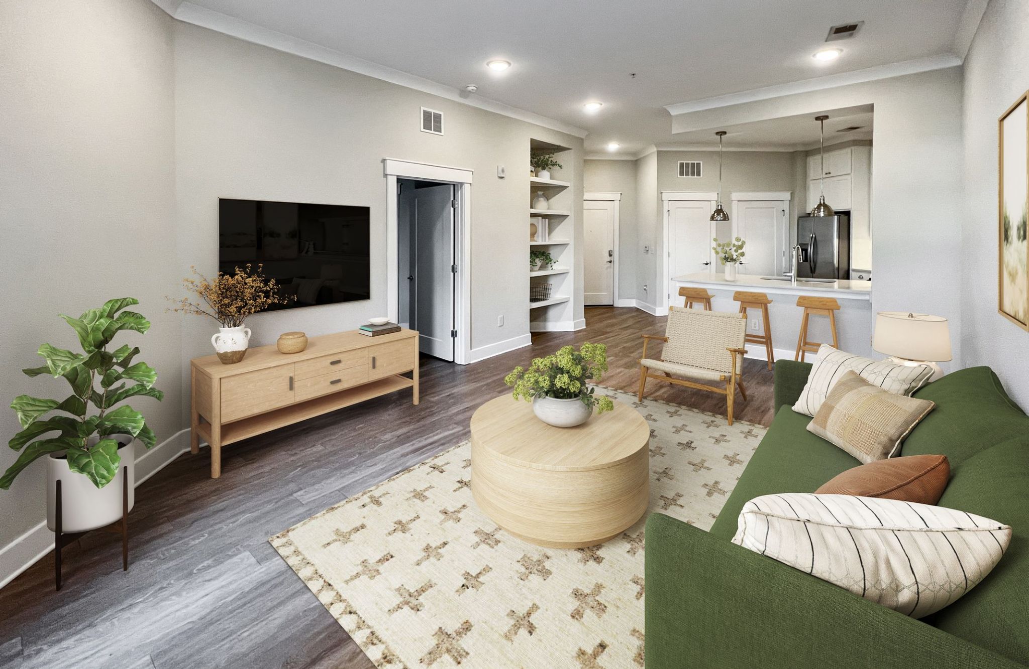 The Vue at Charlotte, NC - beautiful corner unit apartment living and dining area with luxury hard-wood plank flooring, giant full-height windows, and sliding doors