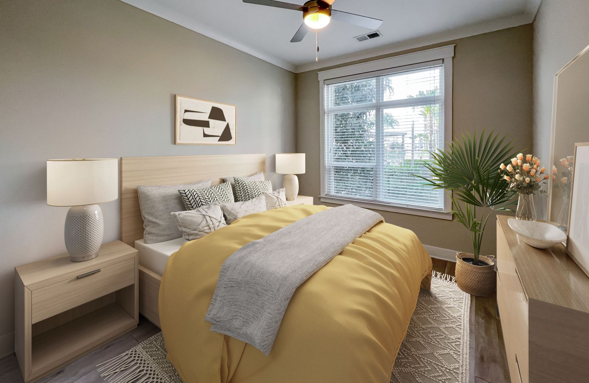 Solstice apartment with large open-space concept floor plan with large living room furnished with couch, coffee tale and chairs